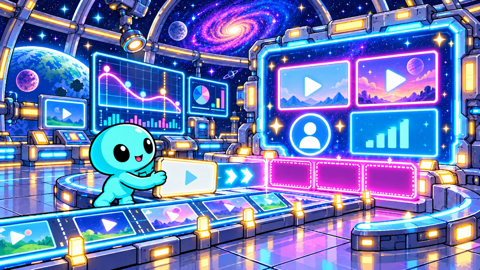 動画の最後の区間へ次の動画と計測の要素を配置する角のないドット絵エイリアン