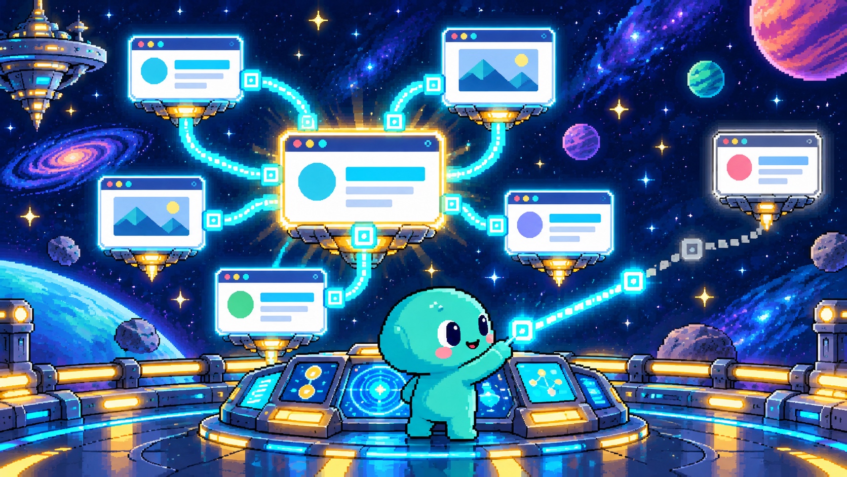 関連ページのリンク網から孤立ページへ新しい経路をつなぐ角のないドット絵エイリアン