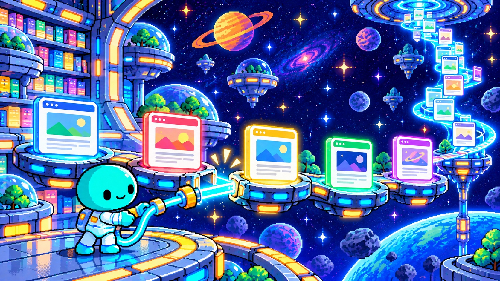 分割されたWebページを順番に光るリンクでつなぐ角のないドット絵エイリアン