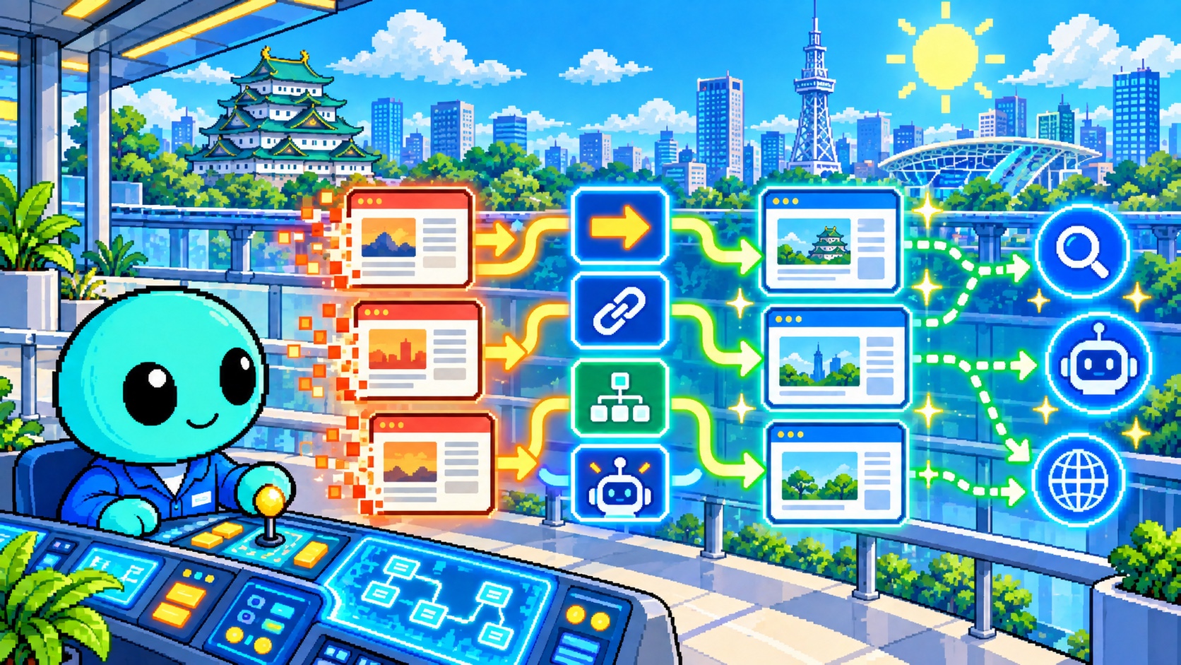 旧URLから新URLへページごとの移転経路を整える角のないドット絵エイリアン