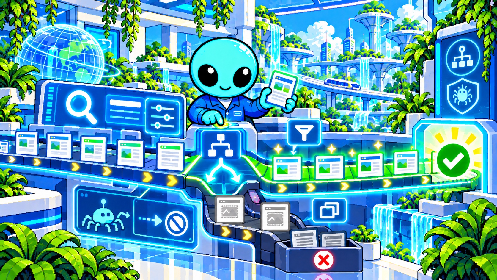 サイト内検索と絞り込みで増えるURLを、残すページ・まとめるページ・閉じるページに整理する角のないドット絵エイリアン