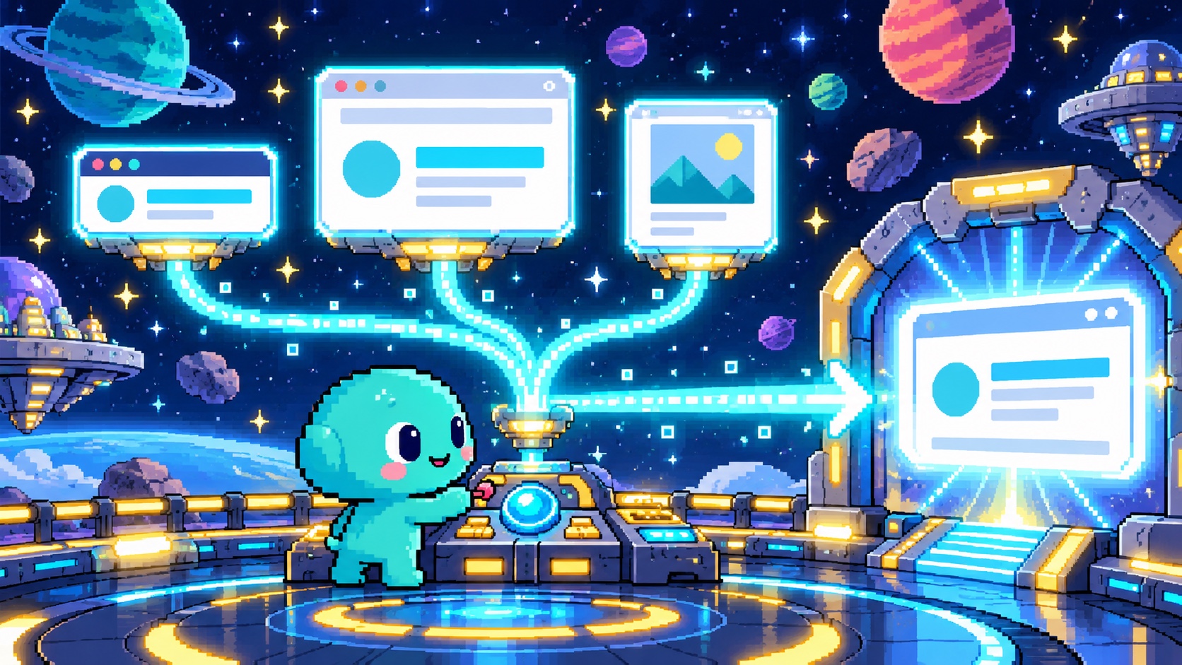 ブラウザ・ページ見出し・共有カードの3画面を同じ信号へ揃える角のないドット絵エイリアン