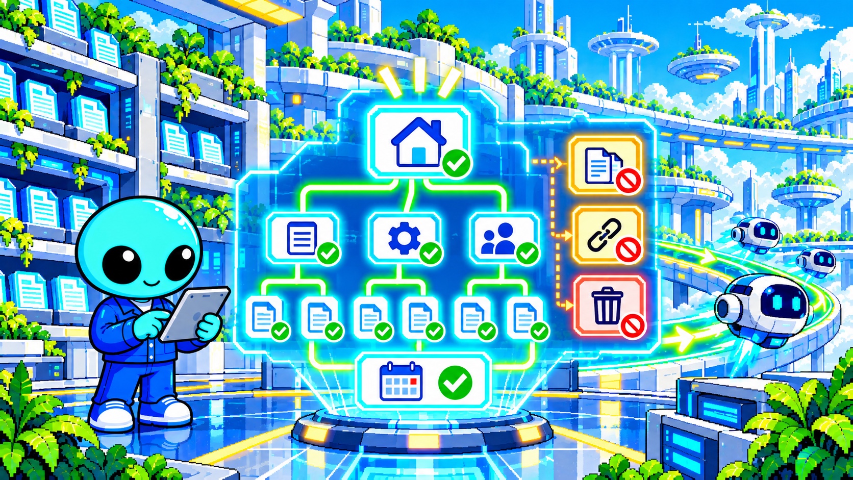 重要なURLと更新日をサイトマップの枝に整理して検索クローラーへ送る角のないドット絵エイリアン