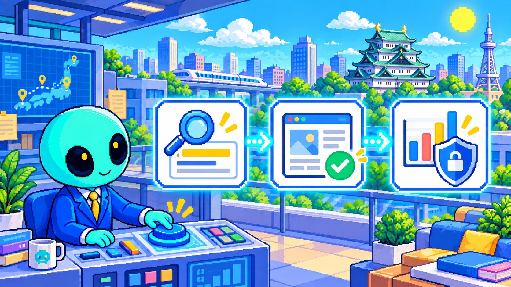 検索広告からランディングページと安全な計測までを点検するドット絵エイリアン