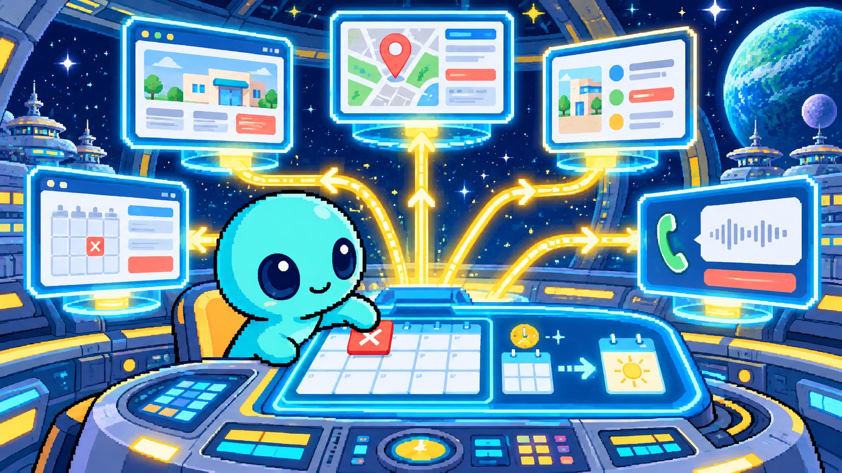 一つの休診日変更をWeb・地図・予約・電話など5つの画面へ同期する角のないドット絵エイリアン
