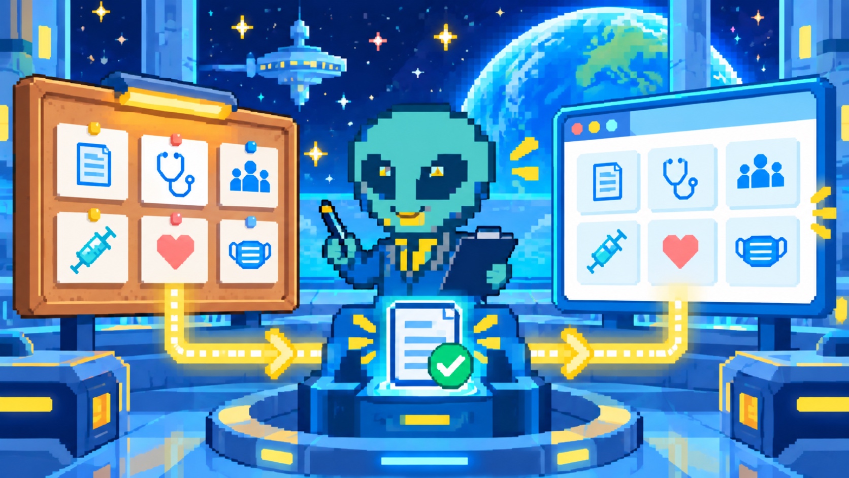 院内掲示板とWeb画面の同じ情報を同期する角のないドット絵エイリアン
