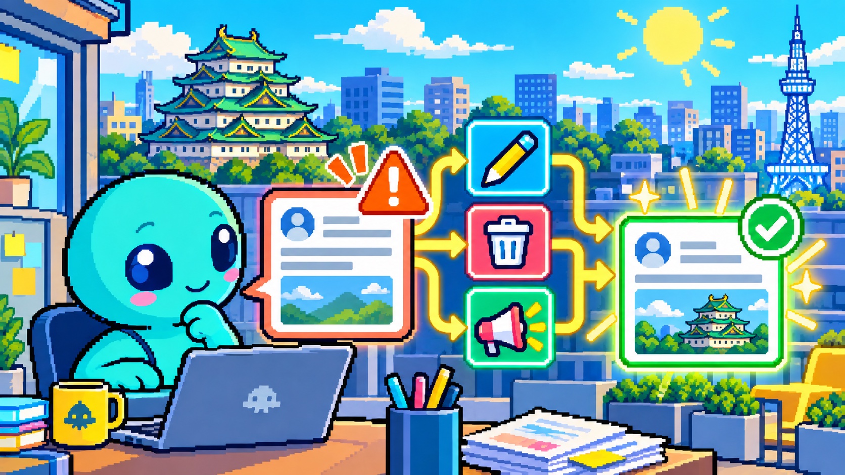 誤った投稿を訂正・削除・再告知に振り分ける角のないドット絵エイリアン