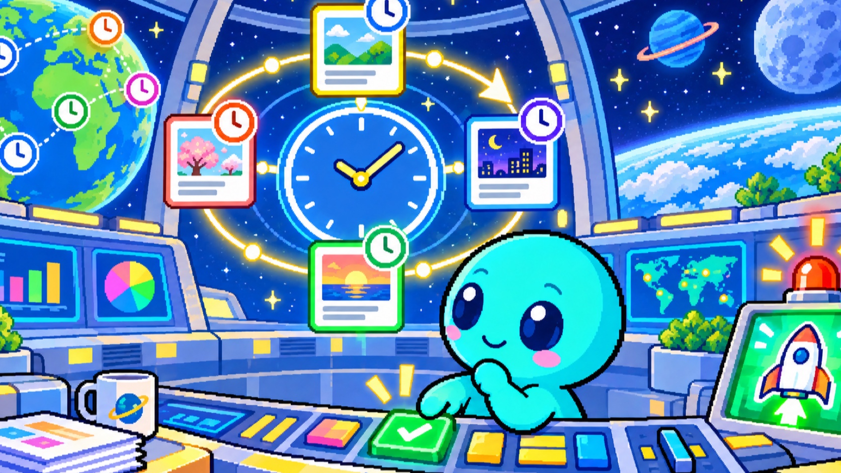 世界時計と公開待ちカードを見ながらSNS予約投稿を確認する角のないドット絵エイリアン