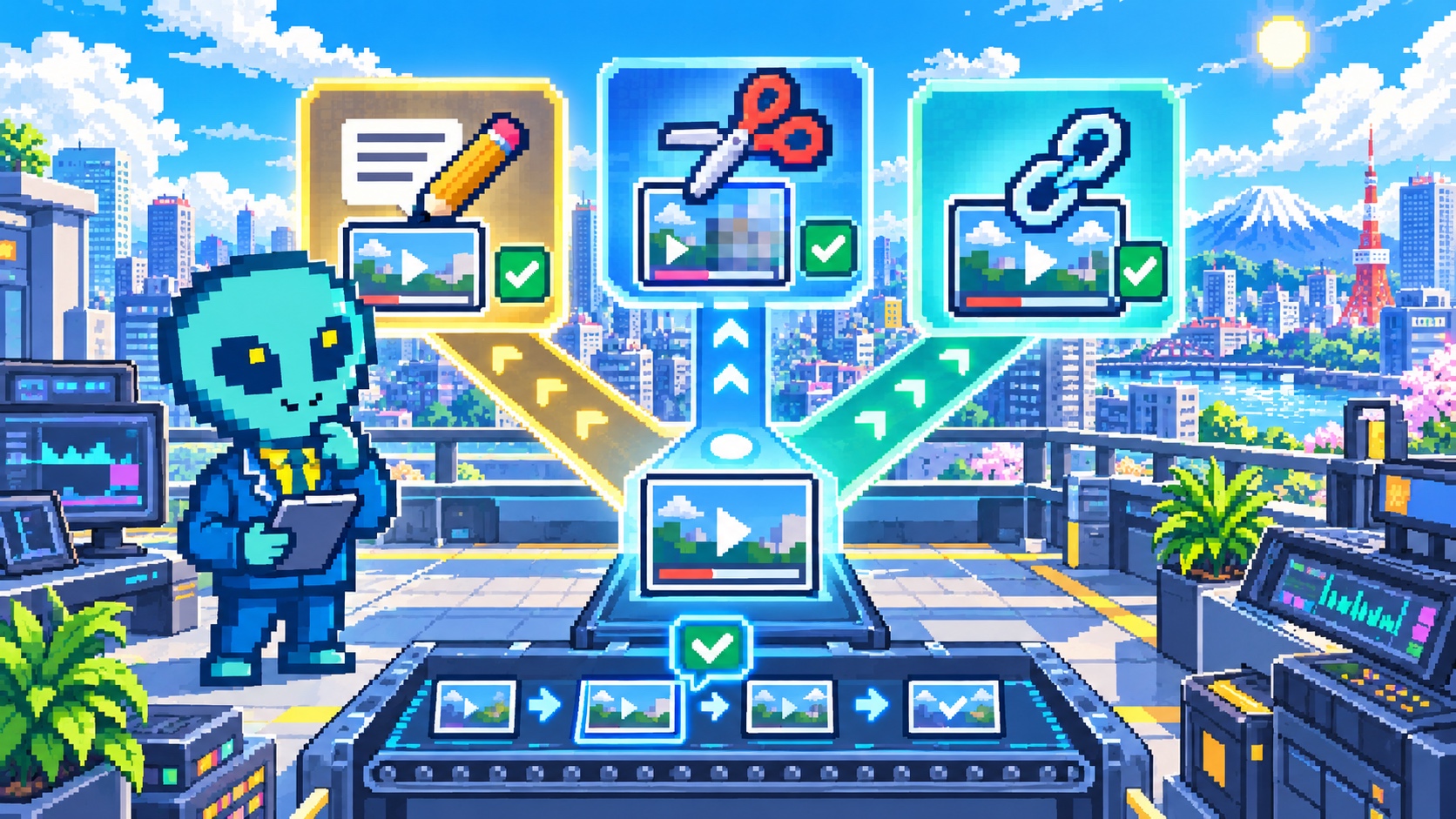 公開済み動画の追記・カット・再投稿の分岐を確認する角のないドット絵エイリアン