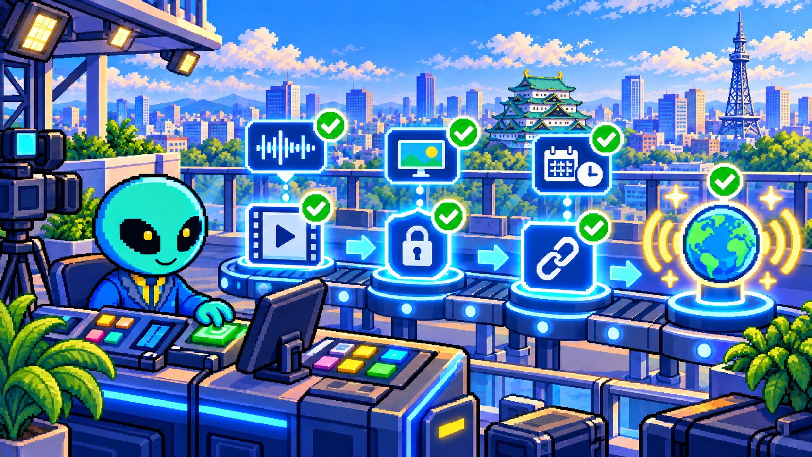 動画を非公開・限定共有・一般公開の順で確認するドット絵エイリアン